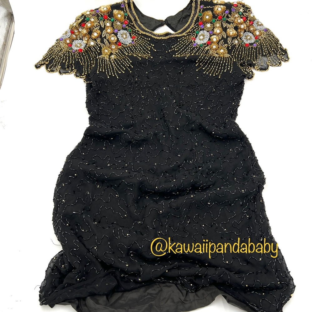 VTG 80s 100% Silk Gaudy Beaded Black Short Mini Shoulder Pad Evening Dress Sz M